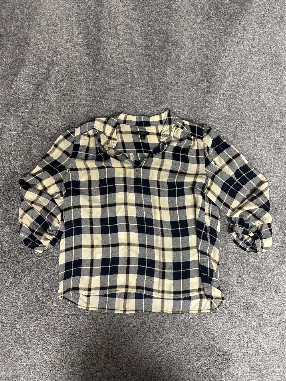 Ann Taylor Navy and Cream Plaid Roll-Tab Blouse